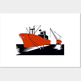 Cargo Ship with Crane Retro Posters and Art